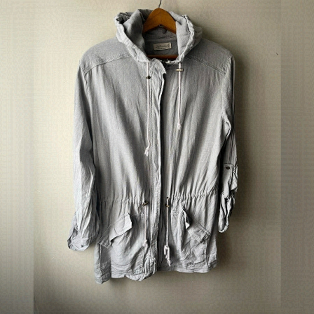 JUST Living Bluish Grey Linen Blend Hooded Utility Jacket Small